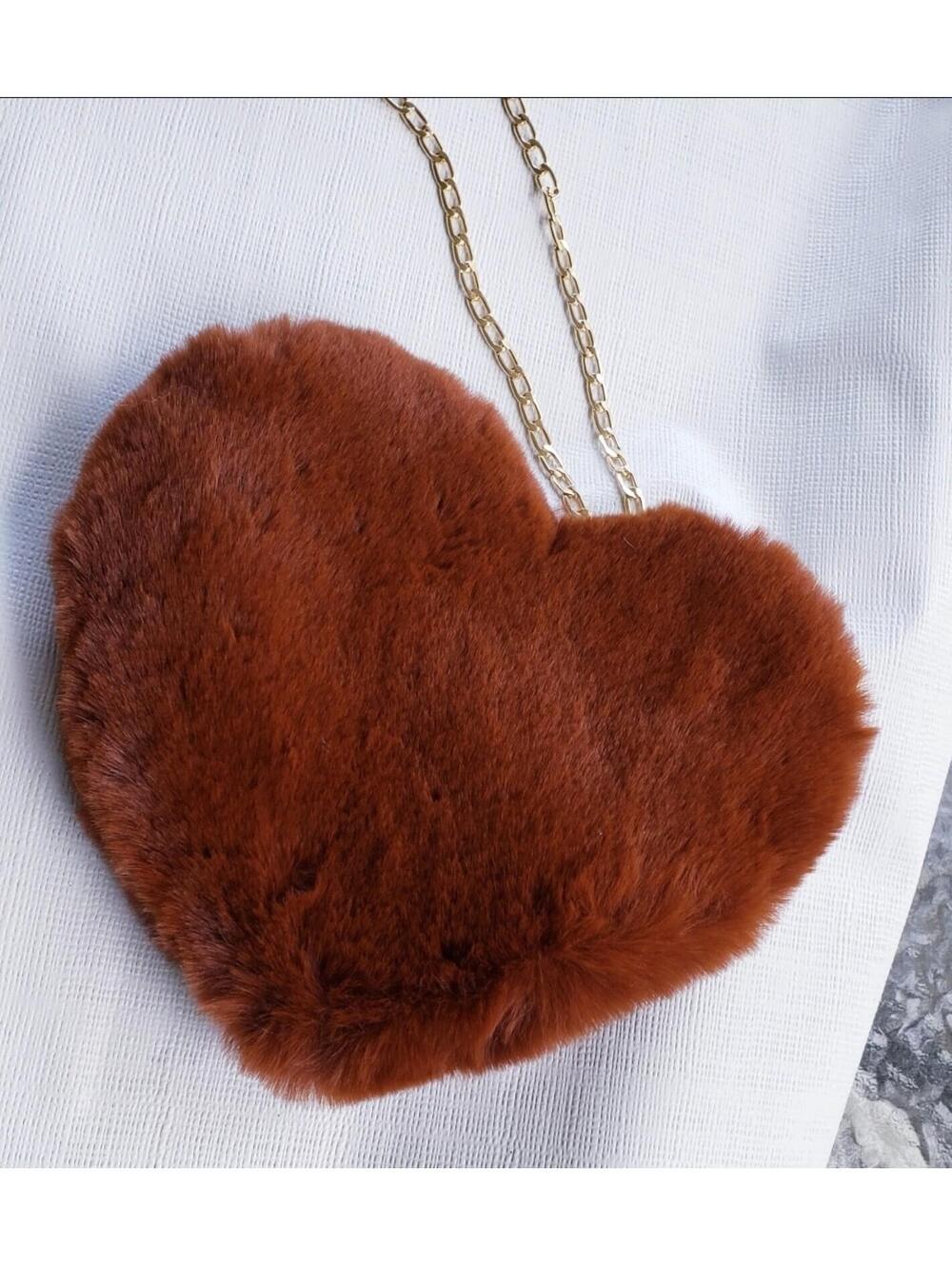 Chocolate Brown Plush Heart Purse Bag Faux Fur Fluffy soft kawaii